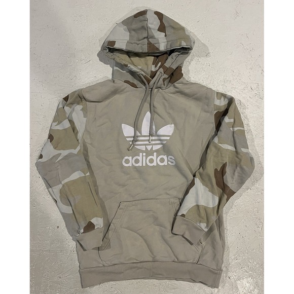 Adidas Hoodie Mens Small Beige Camo Trefoil Pullover Sweatshirt Khaki ED6978 - Picture 1 of 12